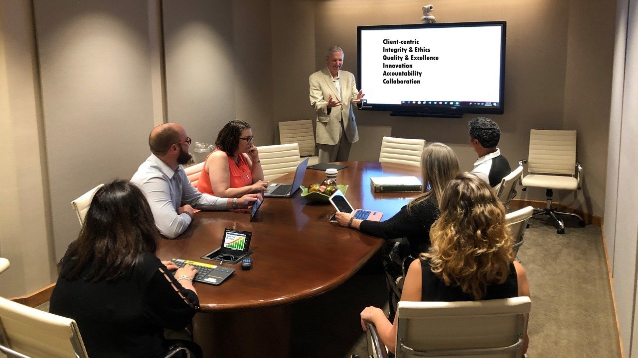 Financial leadership team discussing strategy in a boardroom meeting