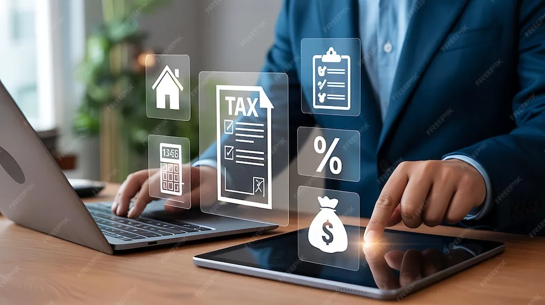 Business professional managing direct tax compliance using digital tax documents and financial tools.