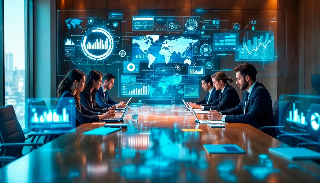 Business leaders reviewing global financial data for FEMA compliance advisory.